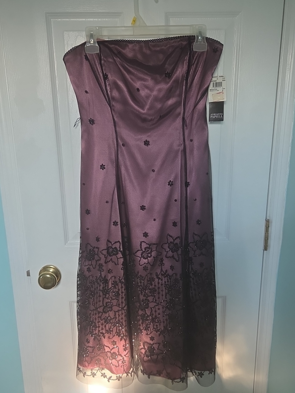 Adrianna Papell Strapless Mauve Evening Gown with Black Beaded Appliqué